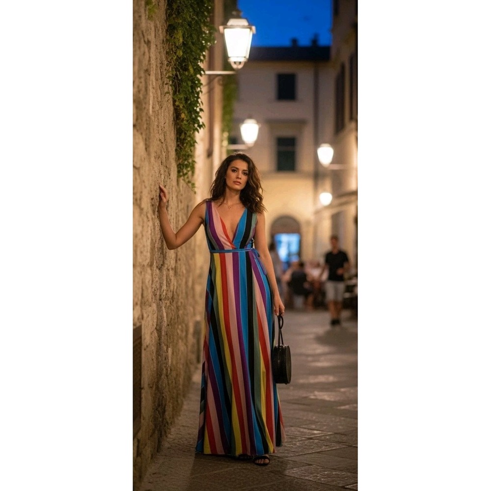 Rainbow Maxi Dress S Balletcore LGBTQ+ Wedding Wrap Dress V Neck NWT $156 AQUA‎